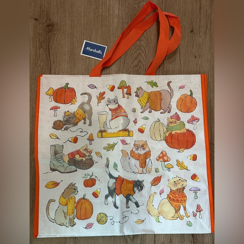 Fall Cats Sweaters Candy Corn Pumpkins Marshalls Shopping Reusable Bag New